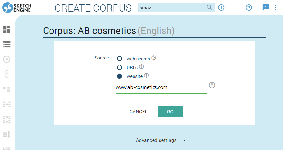 Build a corpus - download texts from the web Screenshot of creating corpora in Sketch Engine