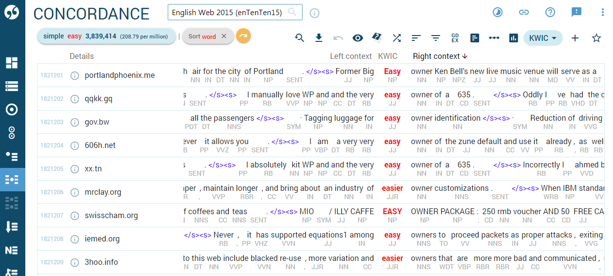 Concordance with part of speech tags