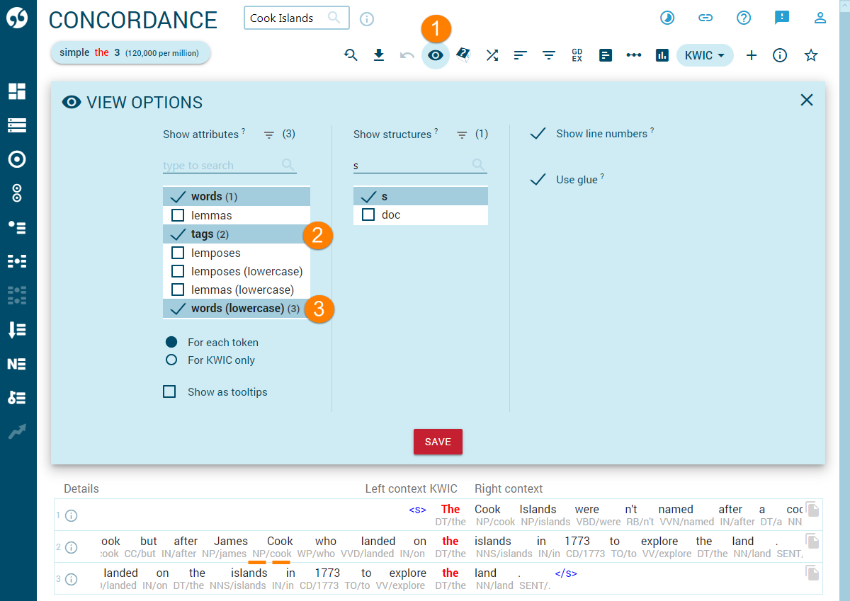 view positional attributes in a concordance concordance view options