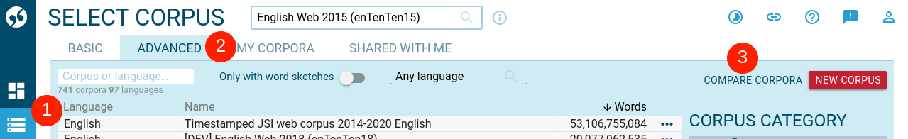 Compare corpora - navigation