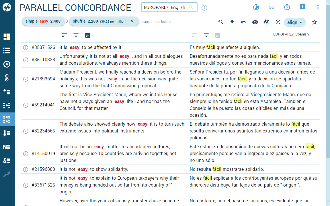 Parallel concordance with highlighted translations